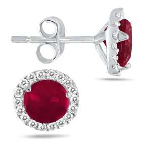 5Mm Ruby And Genuine Diamond Stud Earrings In 14K White Gold