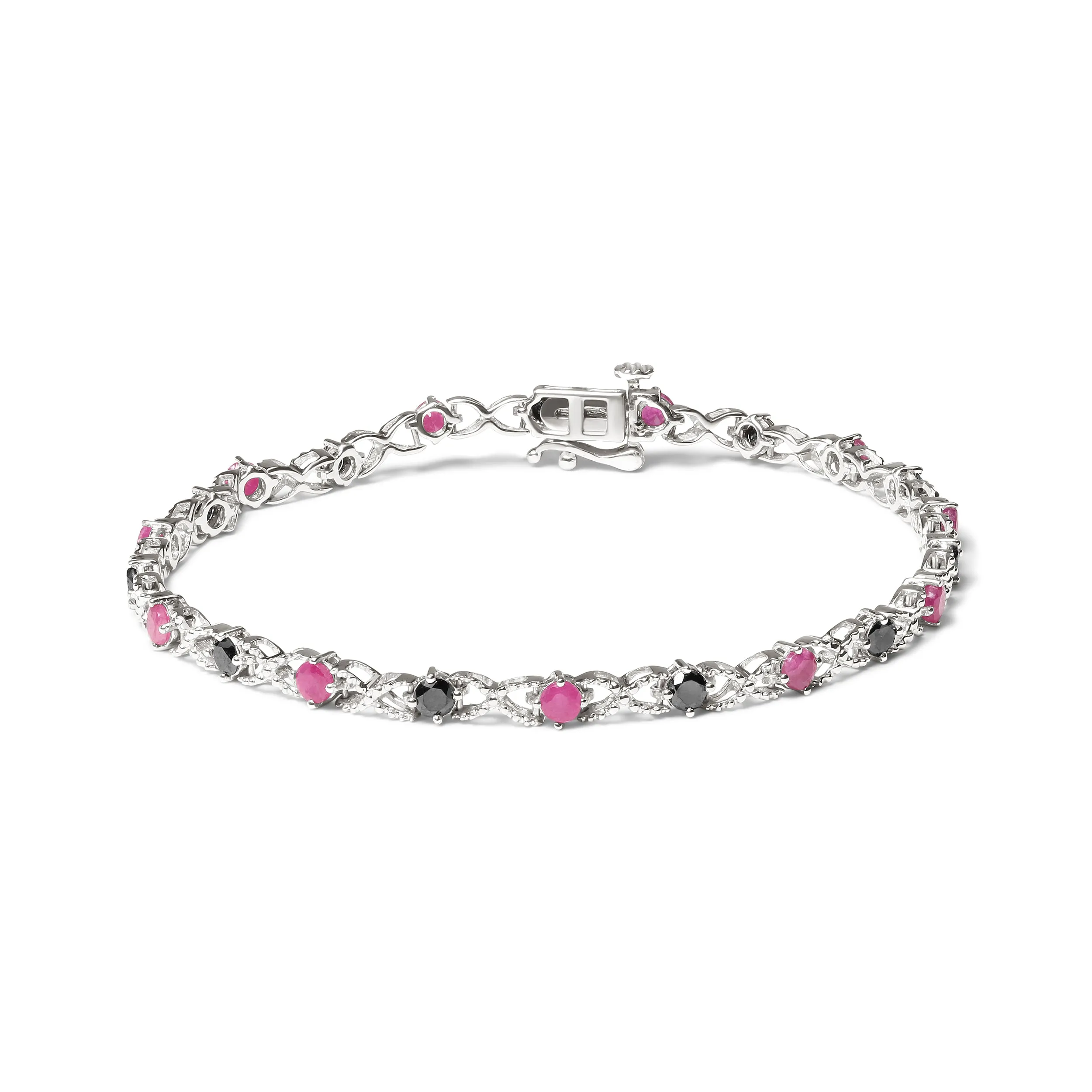 .925 Sterling Silver 1.00 Cttw Treated Black Diamond with 3.00mm Lab Created Pink Ruby 7.25" X-Link Bracelet