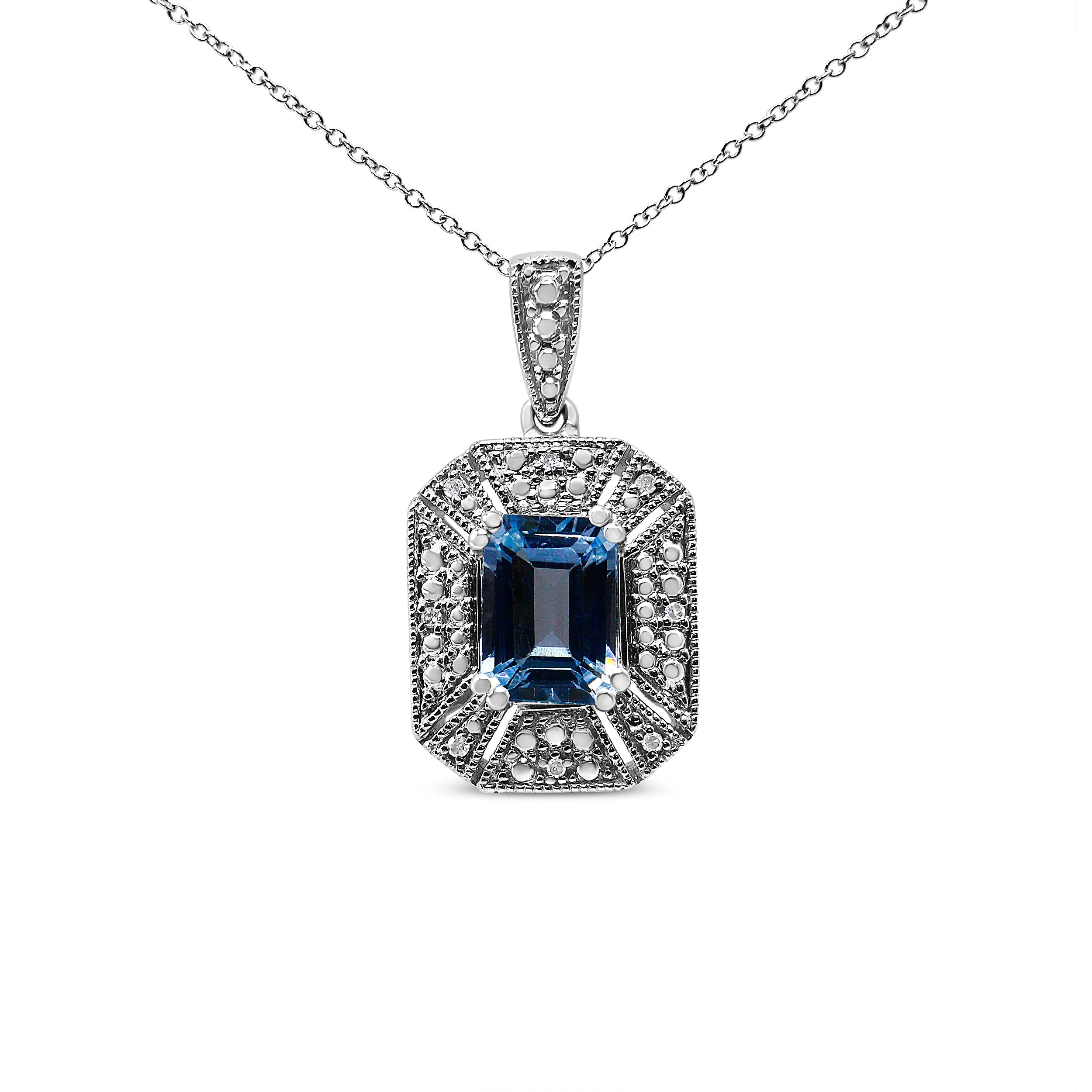 .925 Sterling Silver Blue Topaz and Diamond Accent Art Deco Style 18" Pendant Necklace