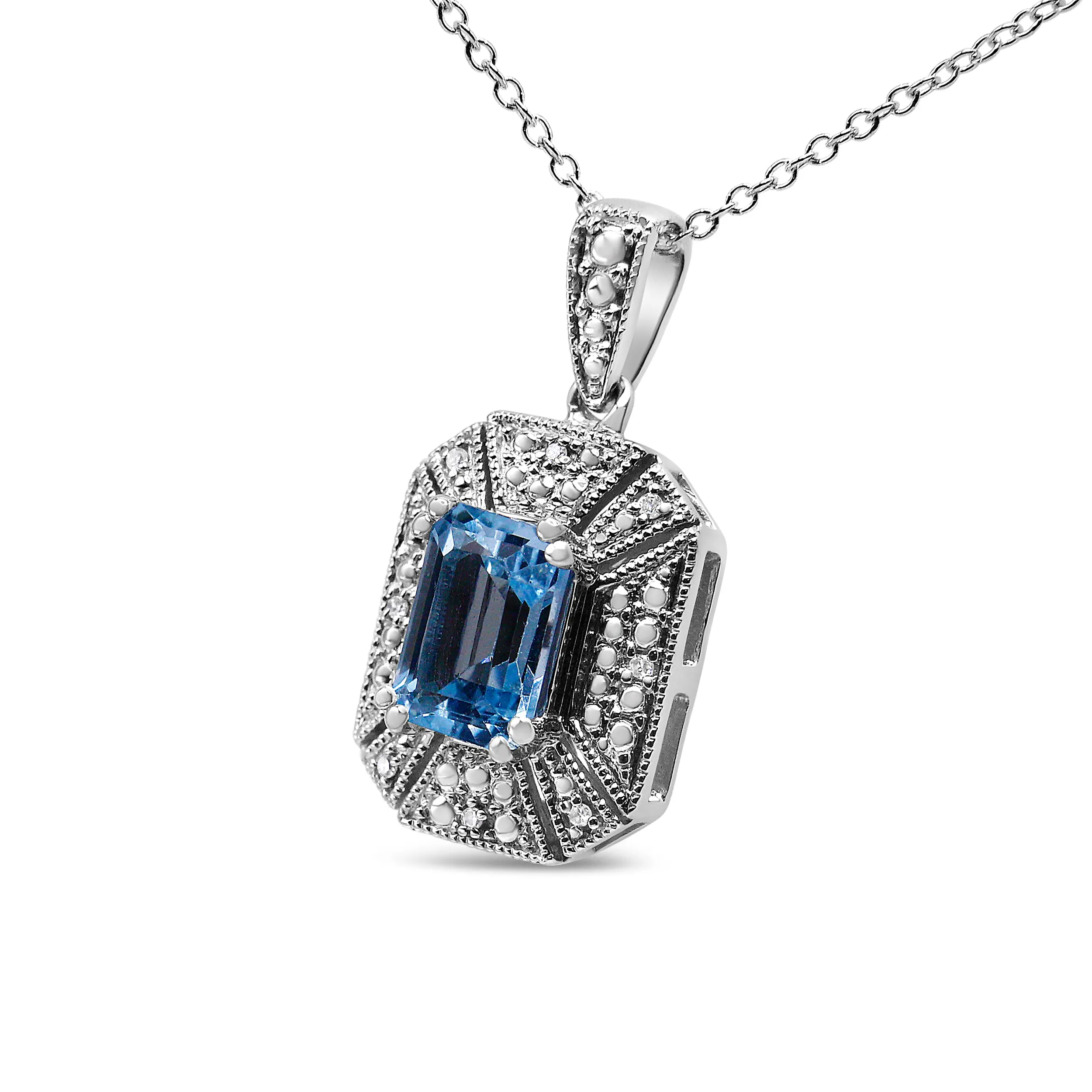 .925 Sterling Silver Blue Topaz and Diamond Accent Art Deco Style 18" Pendant Necklace