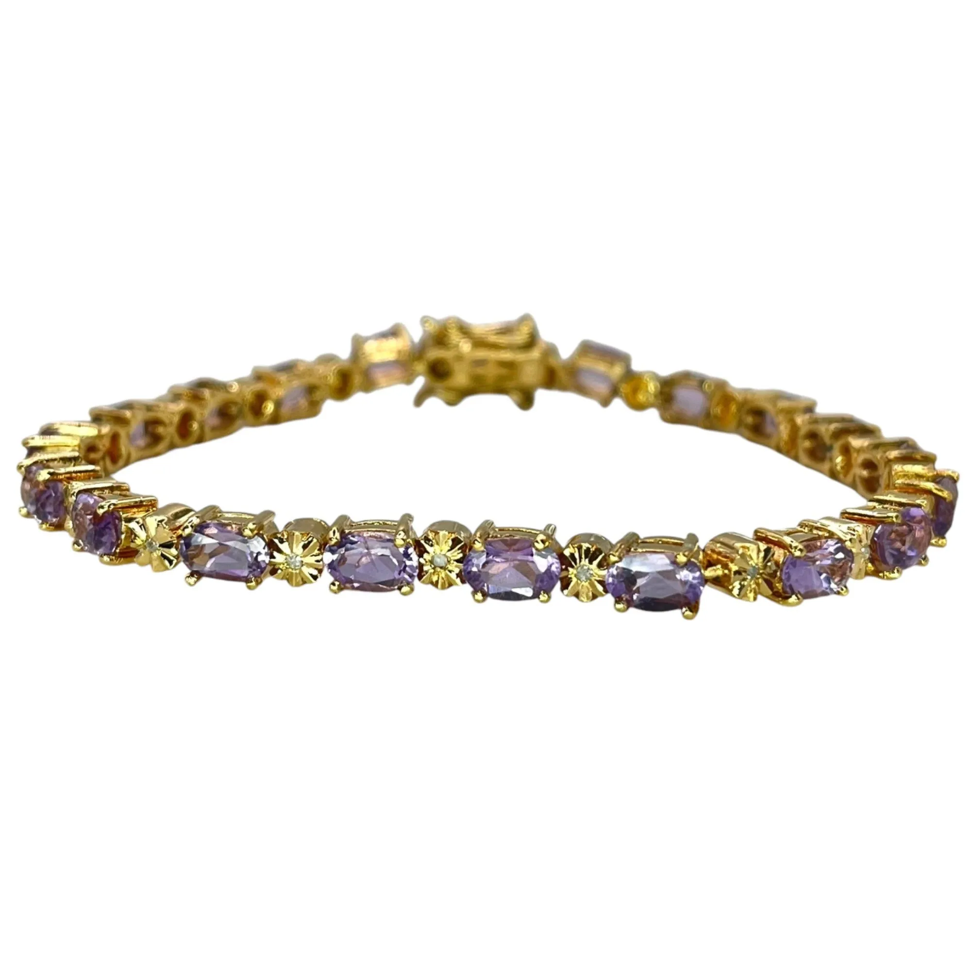 925 Sterling Silver Gold Vermeil Natural Oval Amethyst Tennis Bracelet Formal