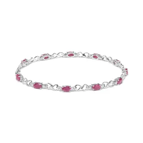 .925 Sterling Silver Pink Oval Shaped Ruby and 1/4 Cttw Diamond 7.25" Link Bracelet (I-J Color, I2-I3 Clarity)