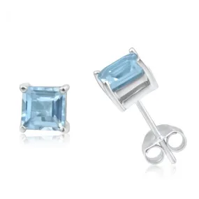 9ct White Gold 5mm Princess Cut Blue Topaz Stud Earrings