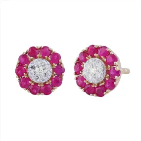 9ct Yellow Gold 0.10ct Ruby HI/I1 Diamond Round Halo Stud Earrings