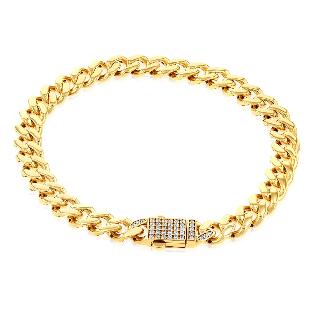 9ct Yellow Gold Cubic Zirconia On Curb 19cm Bracelet