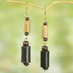 African Homestead Bamboo and Sese Wood Dangle Earrings Brass Hooks from Ghana