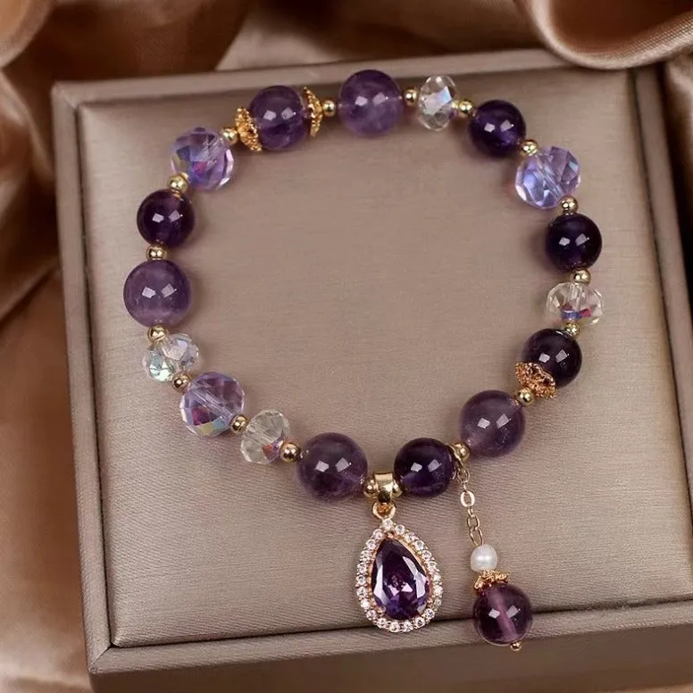 Amethyst Beaded Bracelet with Heart Pendant Lucky Healing Friendship Bracelet,