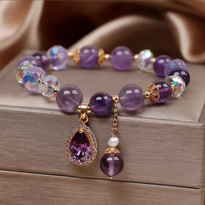 Amethyst Beaded Bracelet with Heart Pendant Lucky Healing Friendship Bracelet,