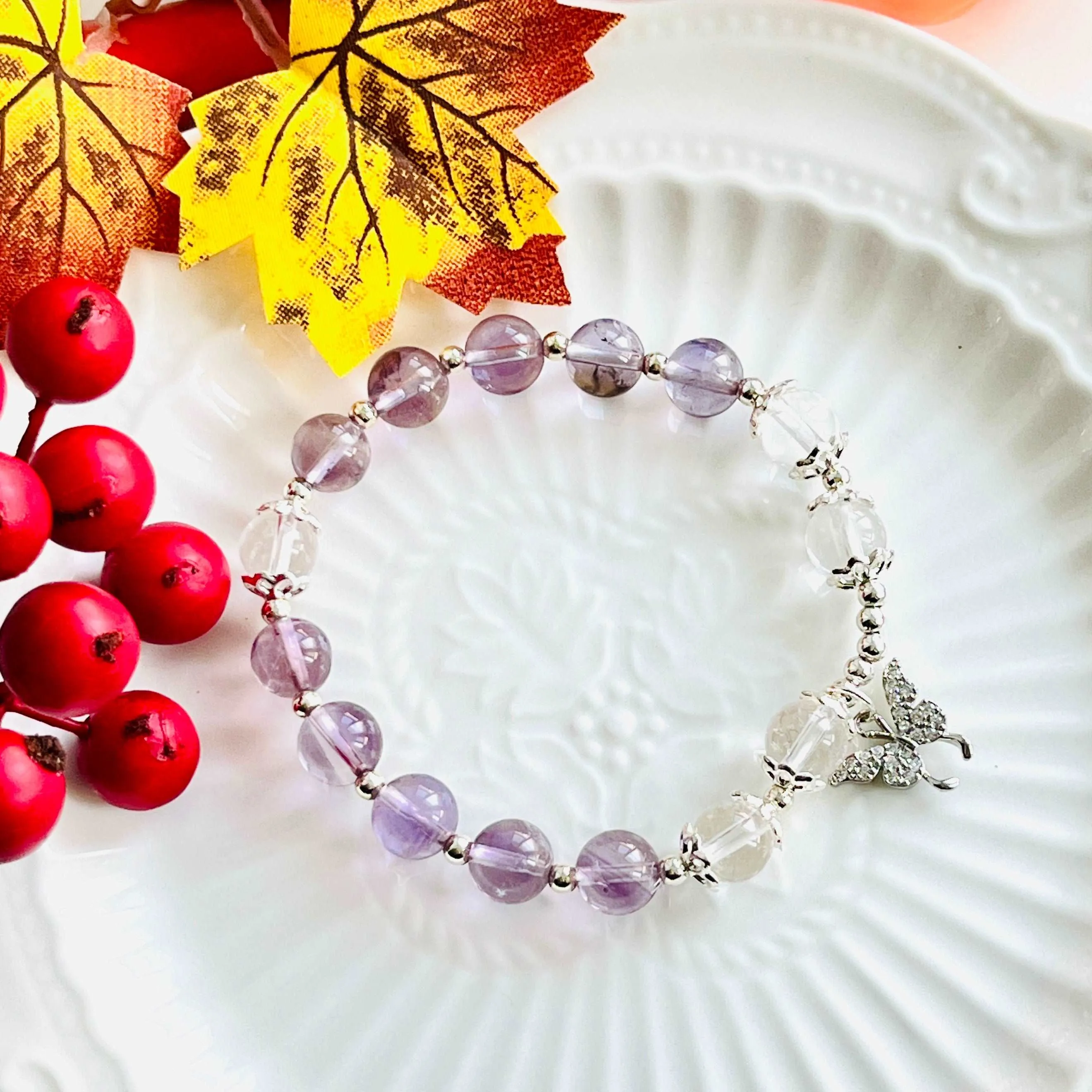 Amethyst Clear Quartz Butterfly Beaded Bracelet