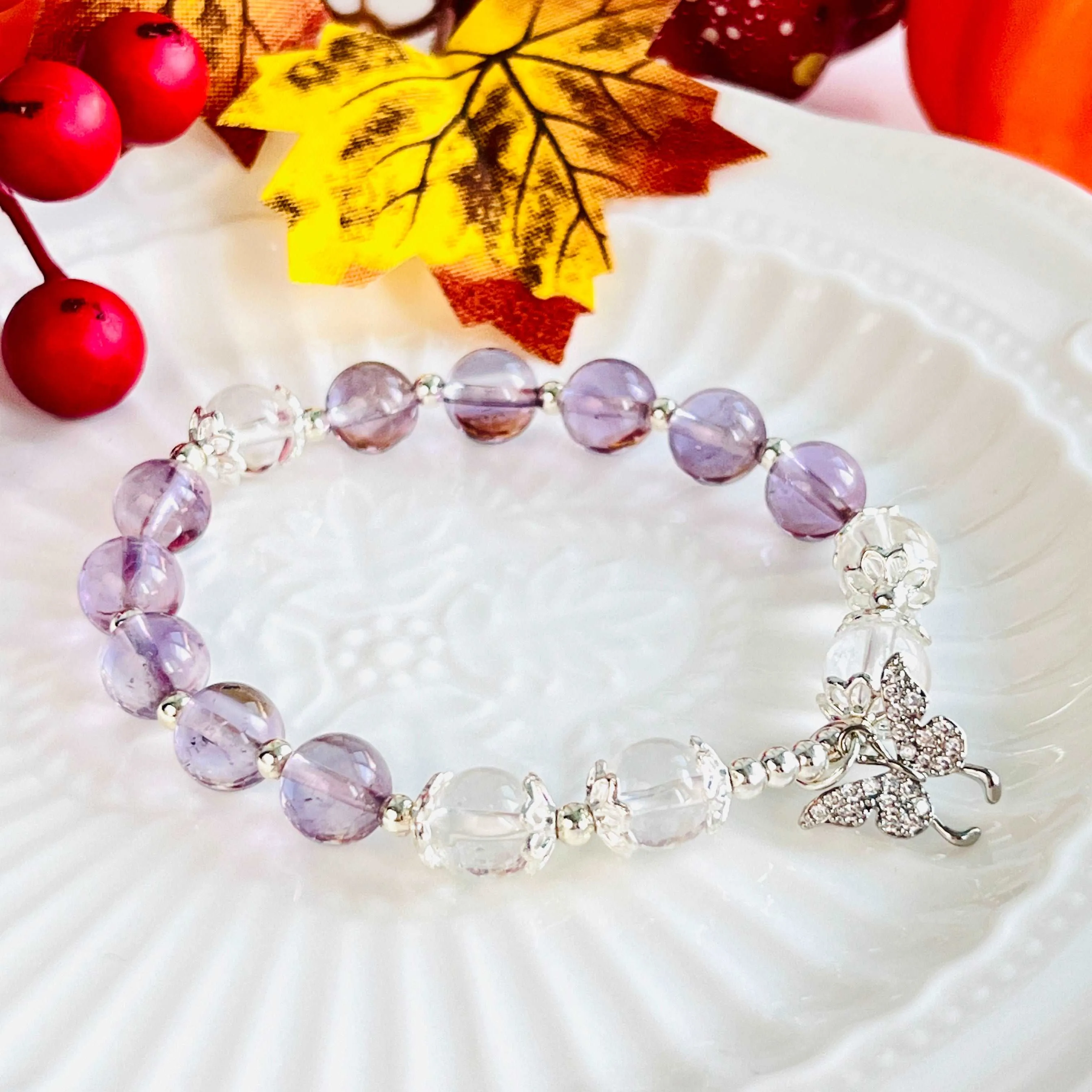 Amethyst Clear Quartz Butterfly Beaded Bracelet