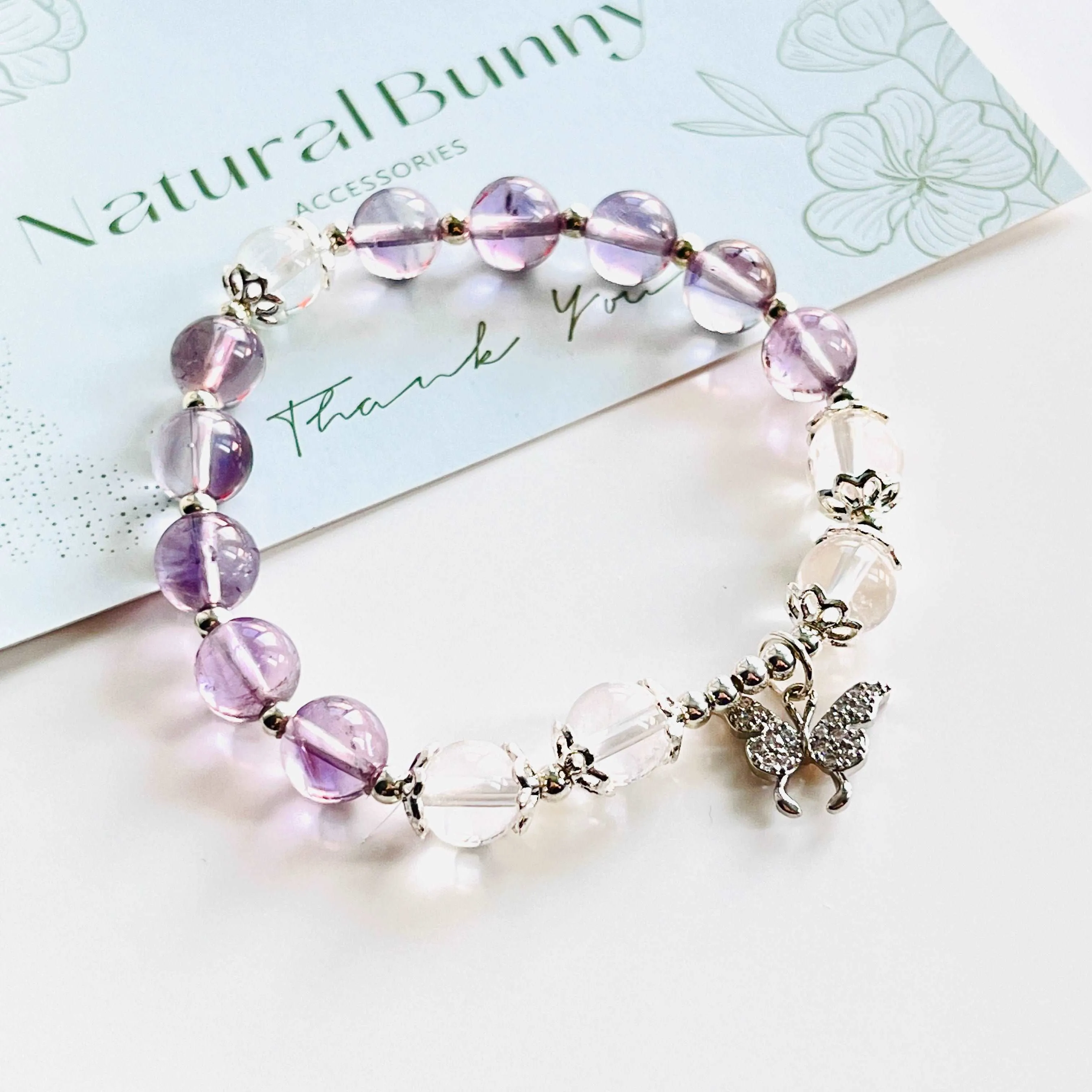 Amethyst Clear Quartz Butterfly Beaded Bracelet