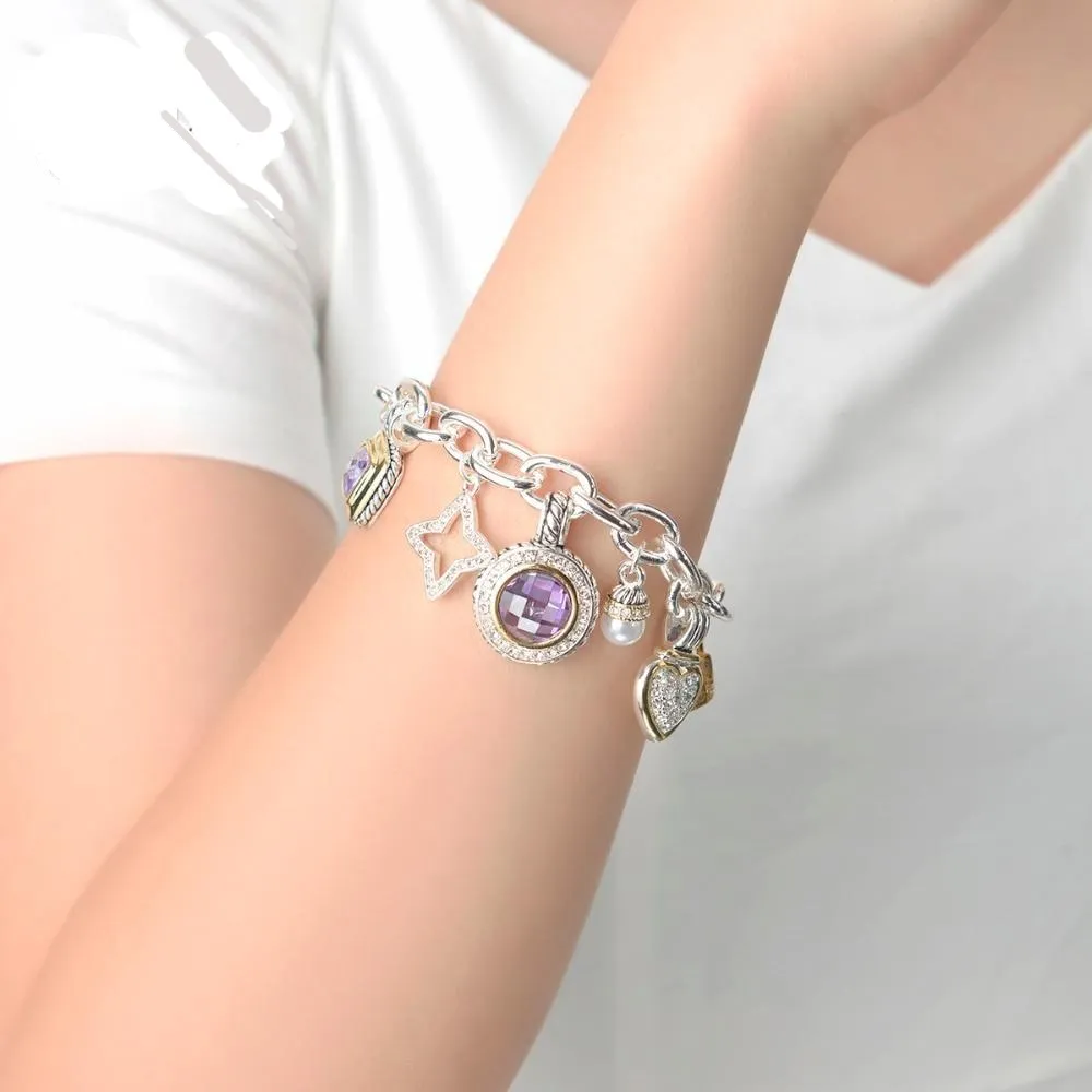 Amethyst Pave Heart Cupid Multi Charms Luxury Charm Bracelet