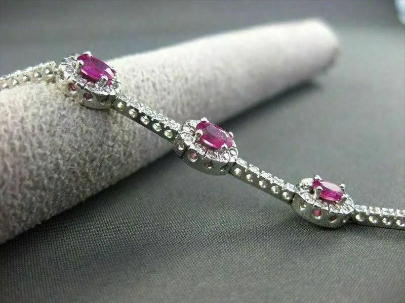 ANTIQUE 4.03CT DIAMOND & AAA RUBY 14KT WHITE GOLD CLUSTER TENNIS BRACELET #112