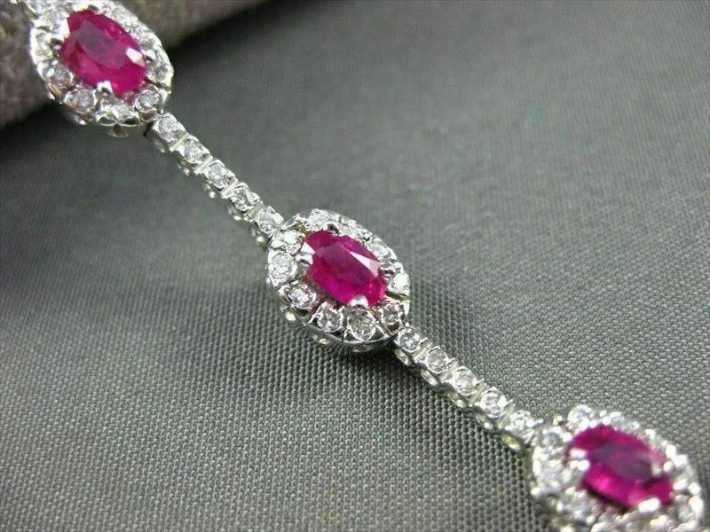 ANTIQUE 4.03CT DIAMOND & AAA RUBY 14KT WHITE GOLD CLUSTER TENNIS BRACELET #112