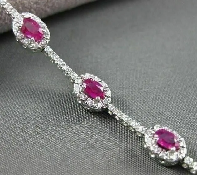 ANTIQUE 4.03CT DIAMOND & AAA RUBY 14KT WHITE GOLD CLUSTER TENNIS BRACELET #112