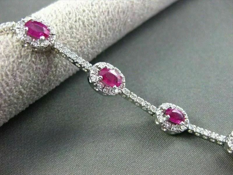 ANTIQUE 4.03CT DIAMOND & AAA RUBY 14KT WHITE GOLD CLUSTER TENNIS BRACELET #112