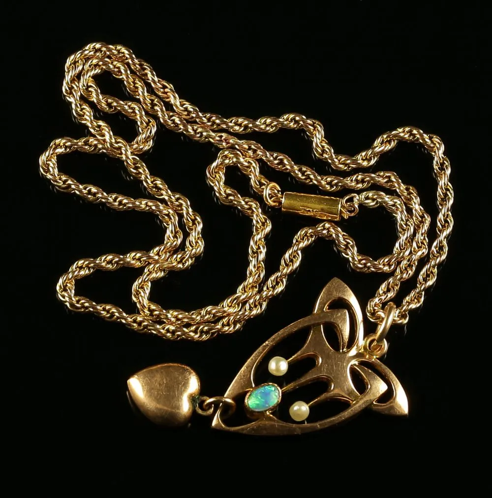 Antique Arts & Crafts Opal & Pearl Pendant & Chain  Gold