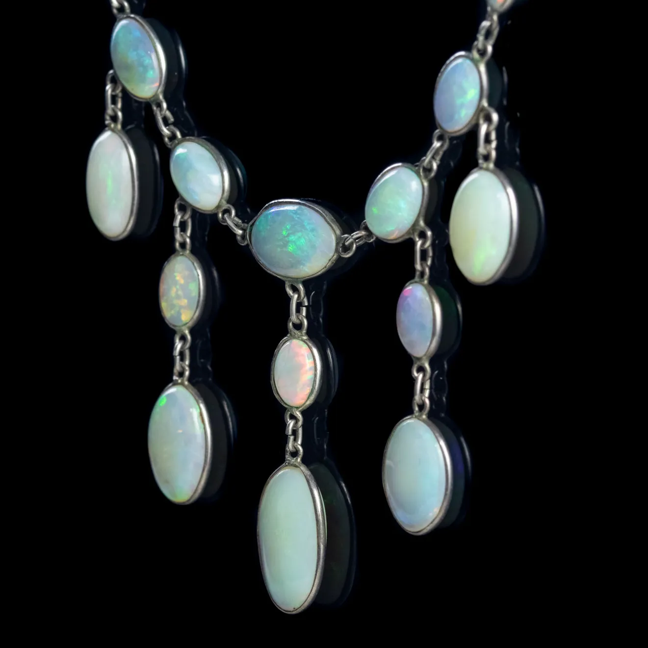 Antique Edwardian Opal Garland Necklace Silver Circa 1910