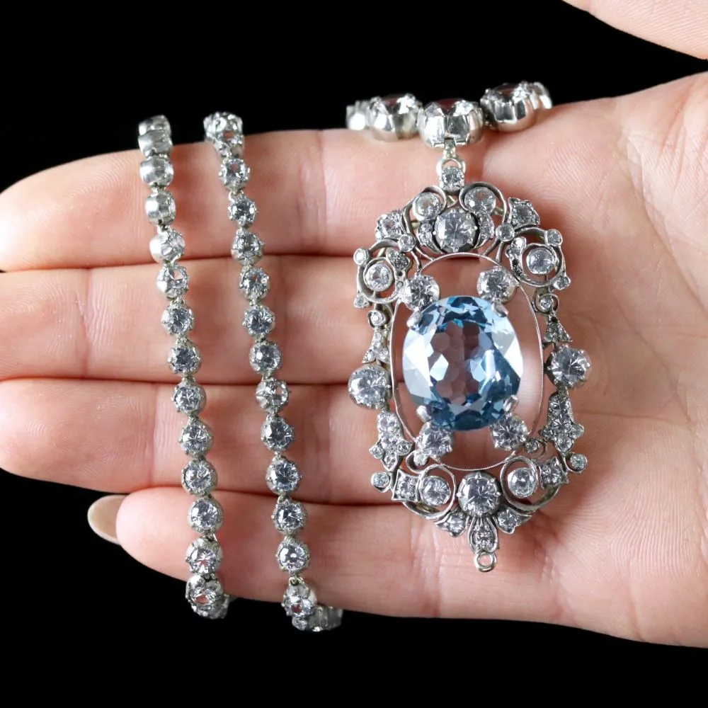 Antique French Victorian Blue White Topaz Necklace Collar Boxed Circa 1900