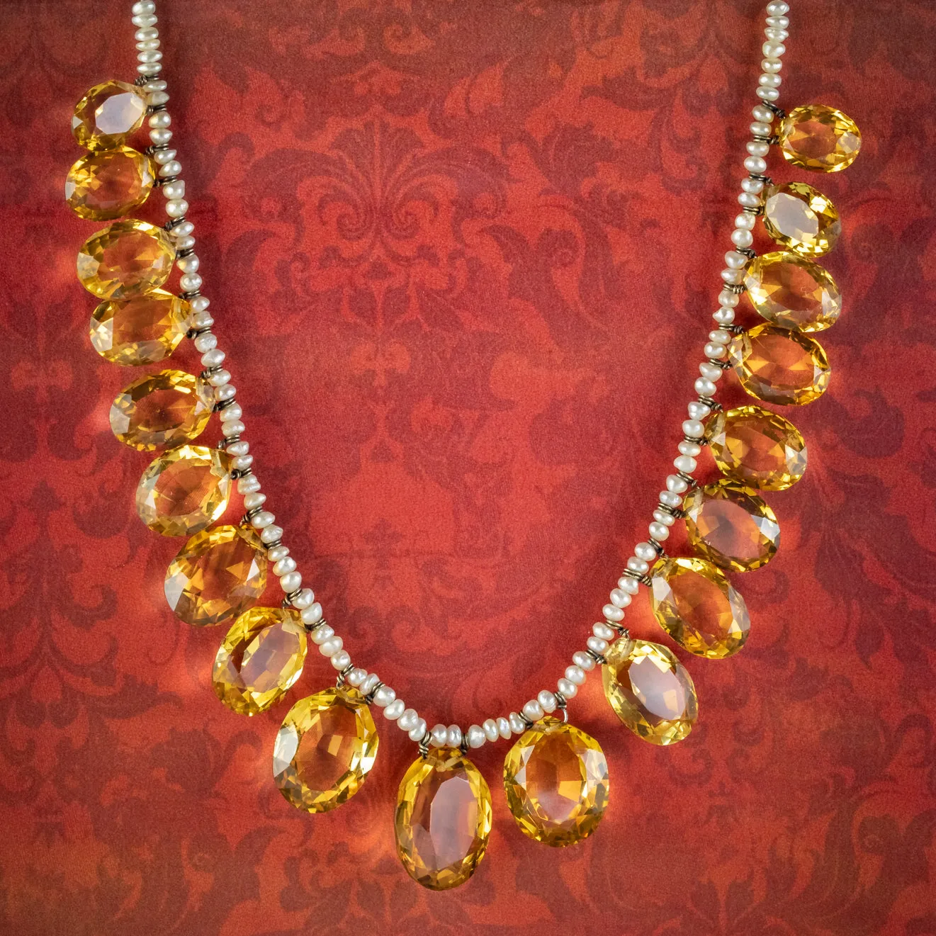 Antique Victorian Citrine Pearl Garland Necklace Circa 1900