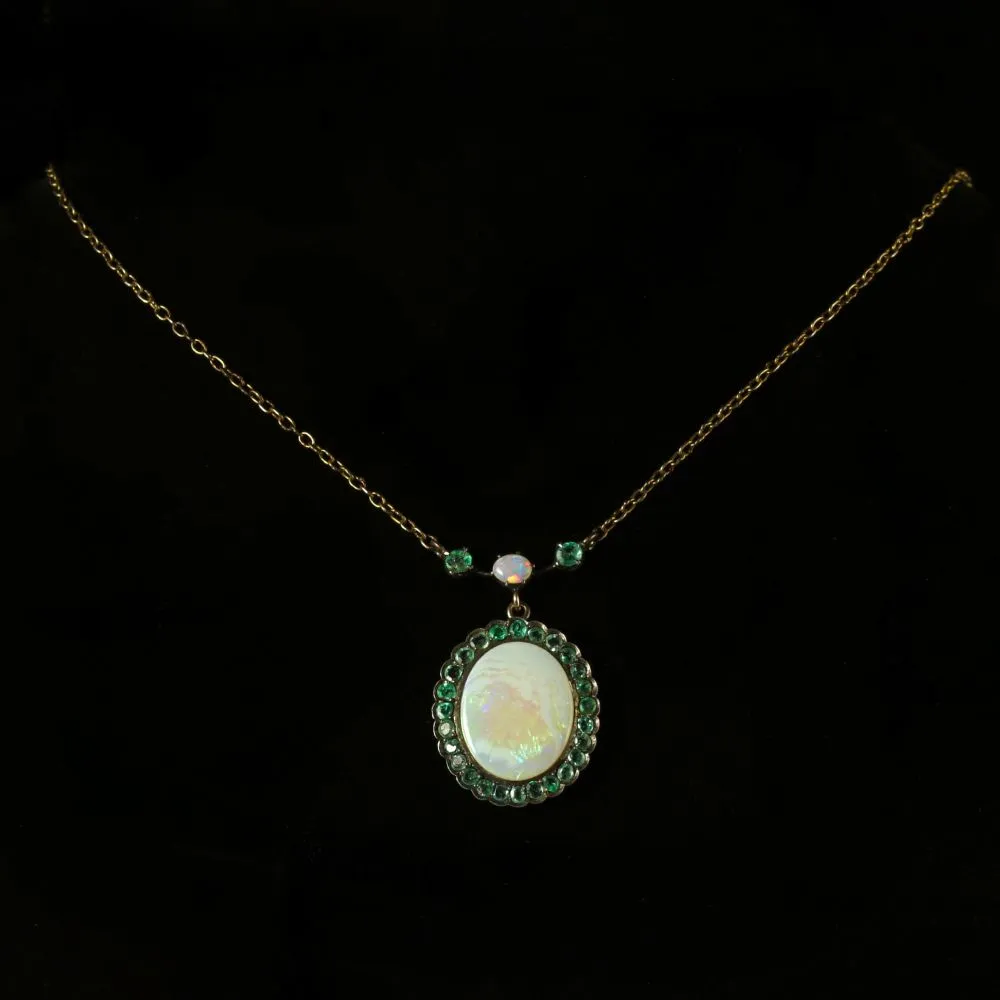 Antique Victorian Opal Emerald 9Ct Gold Necklace Circa 1900