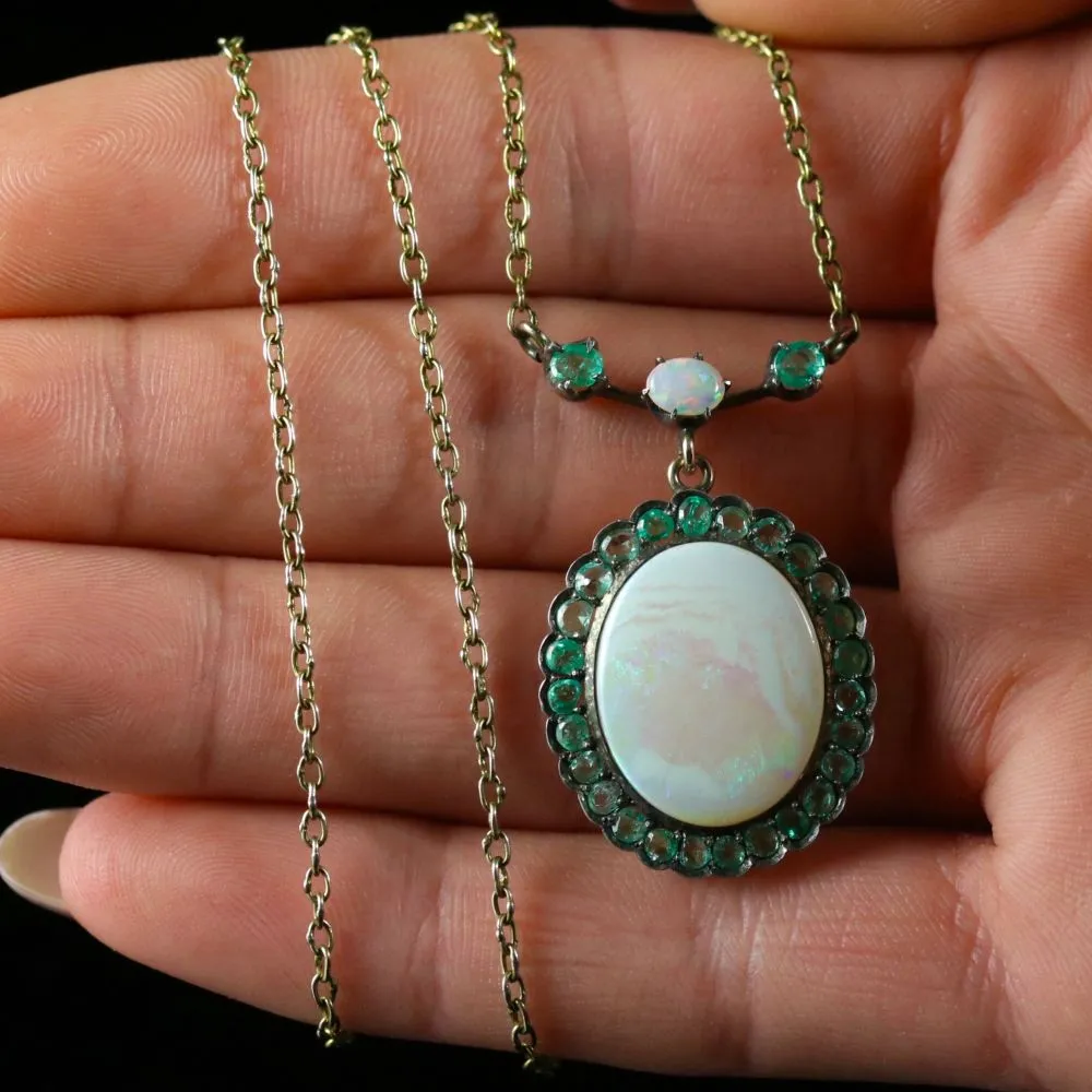 Antique Victorian Opal Emerald 9Ct Gold Necklace Circa 1900