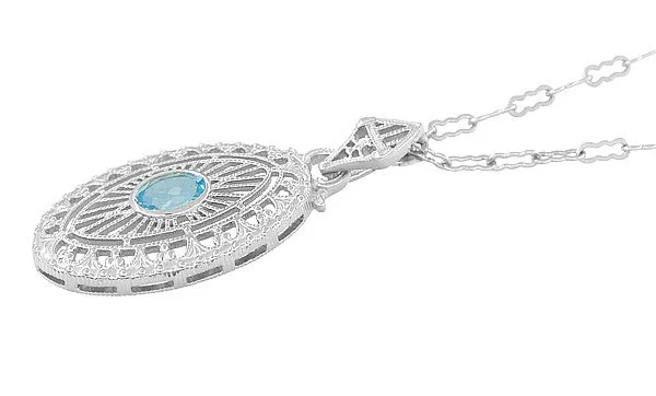 Art Deco Blue Topaz Filigree Oval Pendant Necklace in Sterling Silver