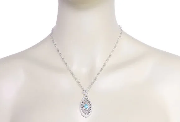 Art Deco Blue Topaz Filigree Oval Pendant Necklace in Sterling Silver