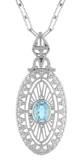 Art Deco Blue Topaz Filigree Oval Pendant Necklace in Sterling Silver