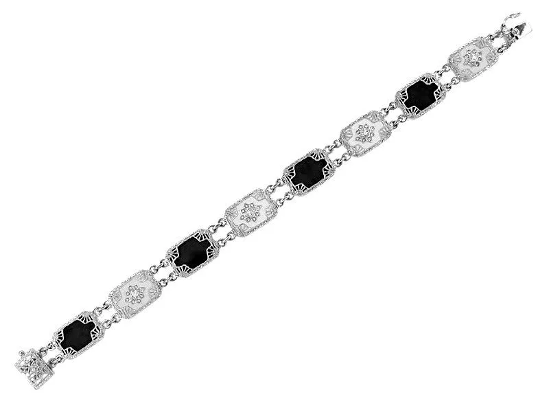 Art Deco Filigree Black Onyx and Diamond Bracelet in Sterling Silver