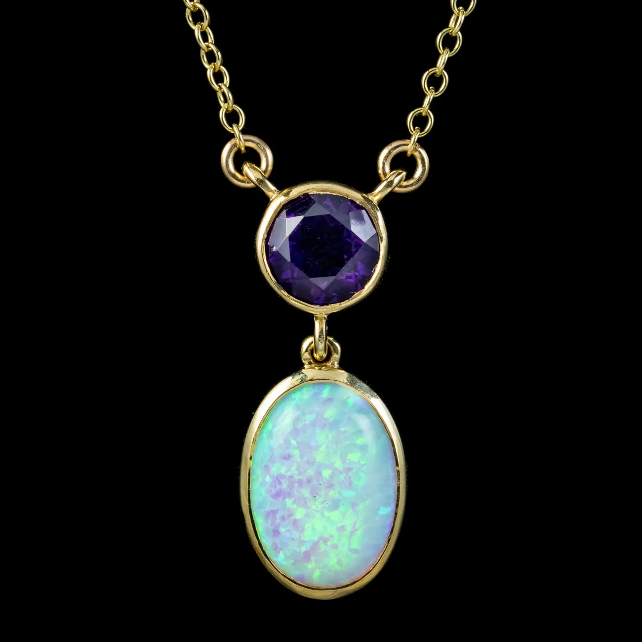 Art Deco Style Opal Amethyst Lavaliere Necklace 9ct Gold