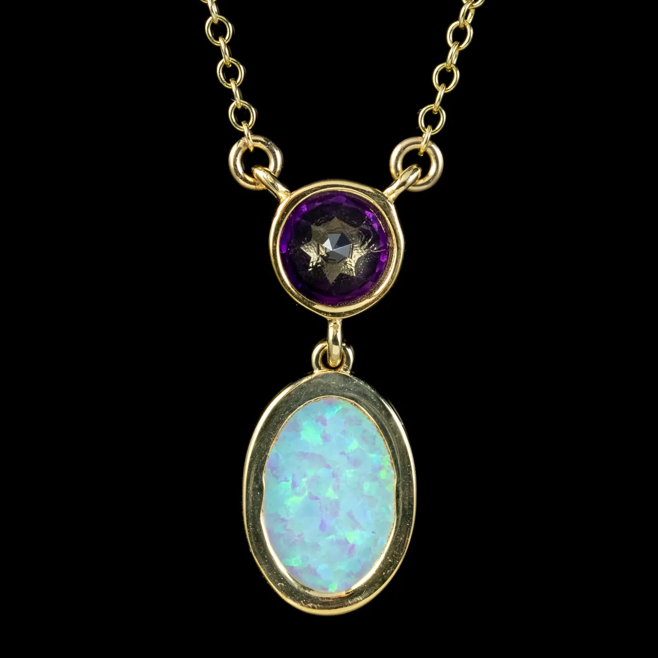 Art Deco Style Opal Amethyst Lavaliere Necklace 9ct Gold