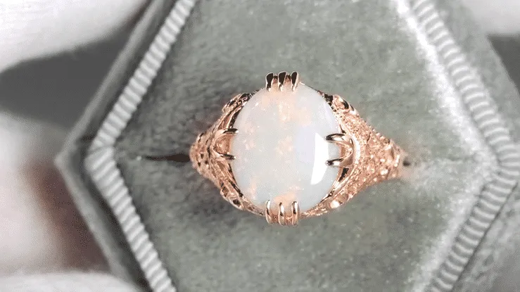 Art Deco Vintage Design Large White Opal Filigree Ring in 14 Karat Rose Gold