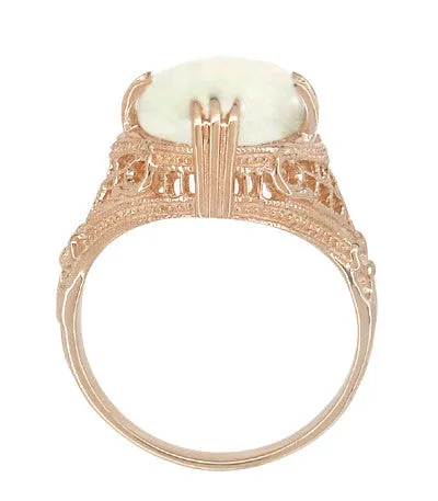 Art Deco Vintage Design Large White Opal Filigree Ring in 14 Karat Rose Gold