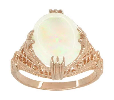 Art Deco Vintage Design Large White Opal Filigree Ring in 14 Karat Rose Gold