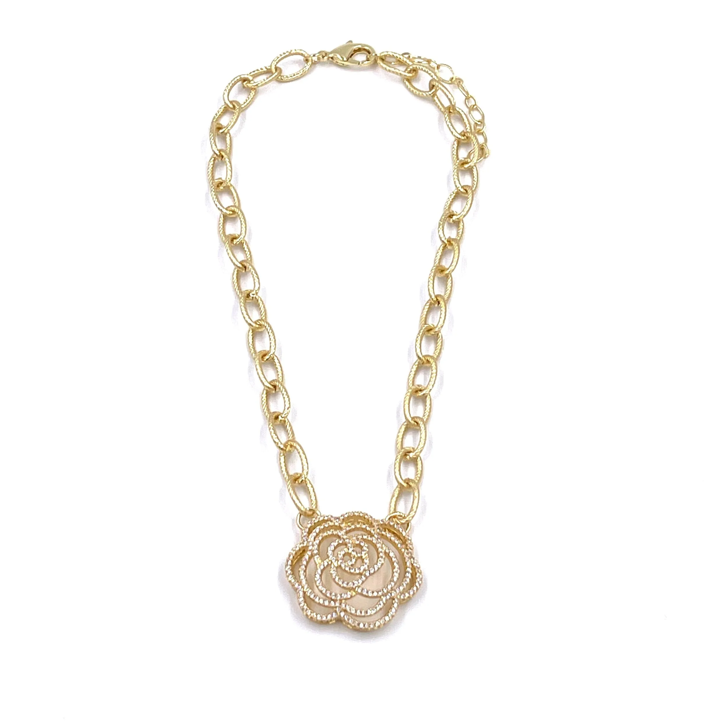 Ashley Gold Stainless Steel Gold Plated Large CZ Flower Link Necklace