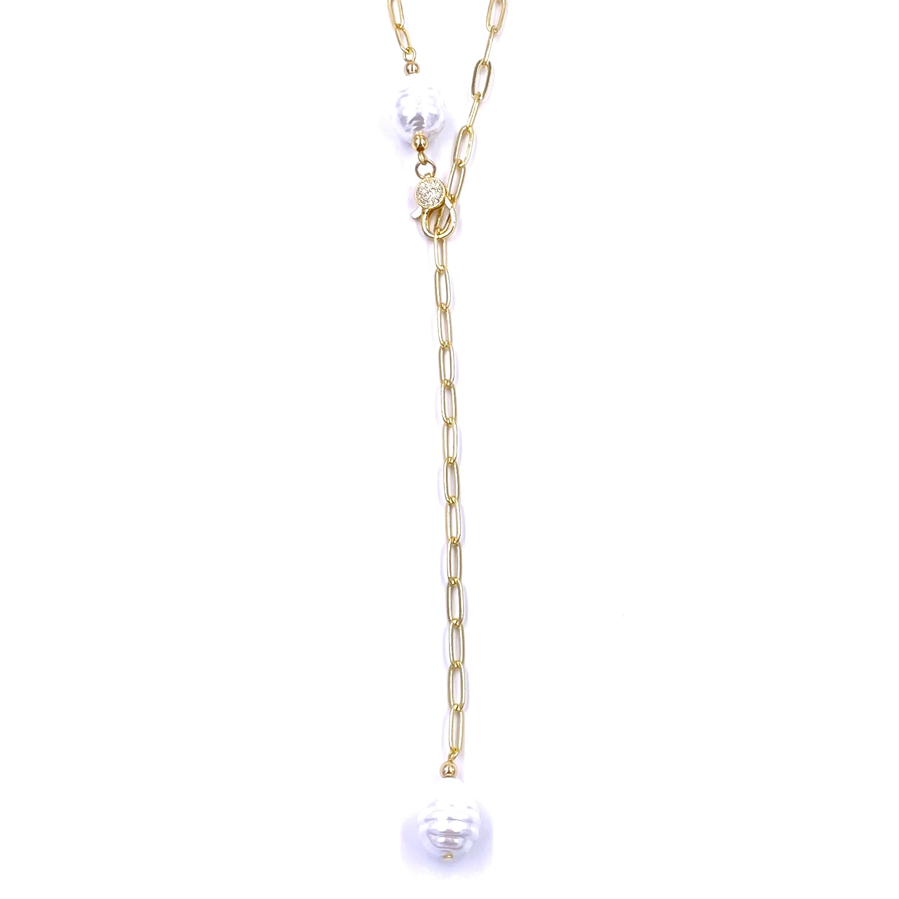 Ashley Gold Stainless Steel Pearl Link Lariat Necklace