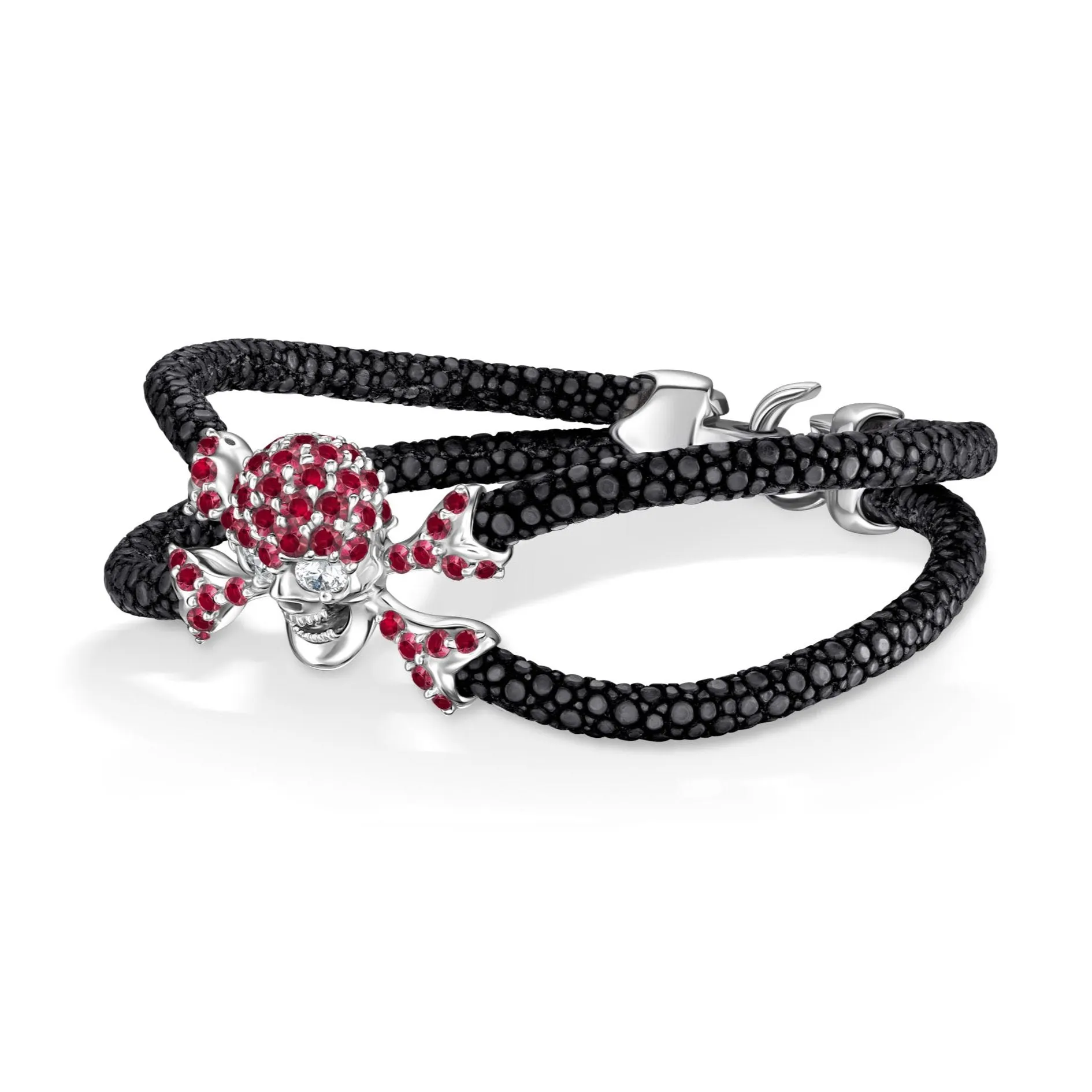 B477 StingHD Silver covered in Rubies with Diamond Eyes and Ruby Clasp