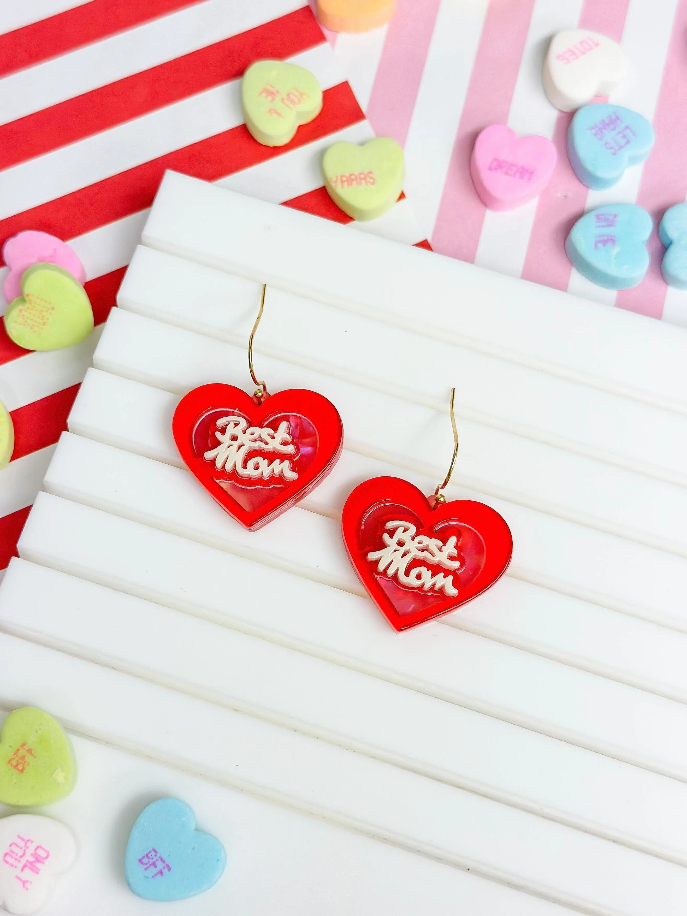 'Best Mom' Acrylic Heart Dangle Earrings