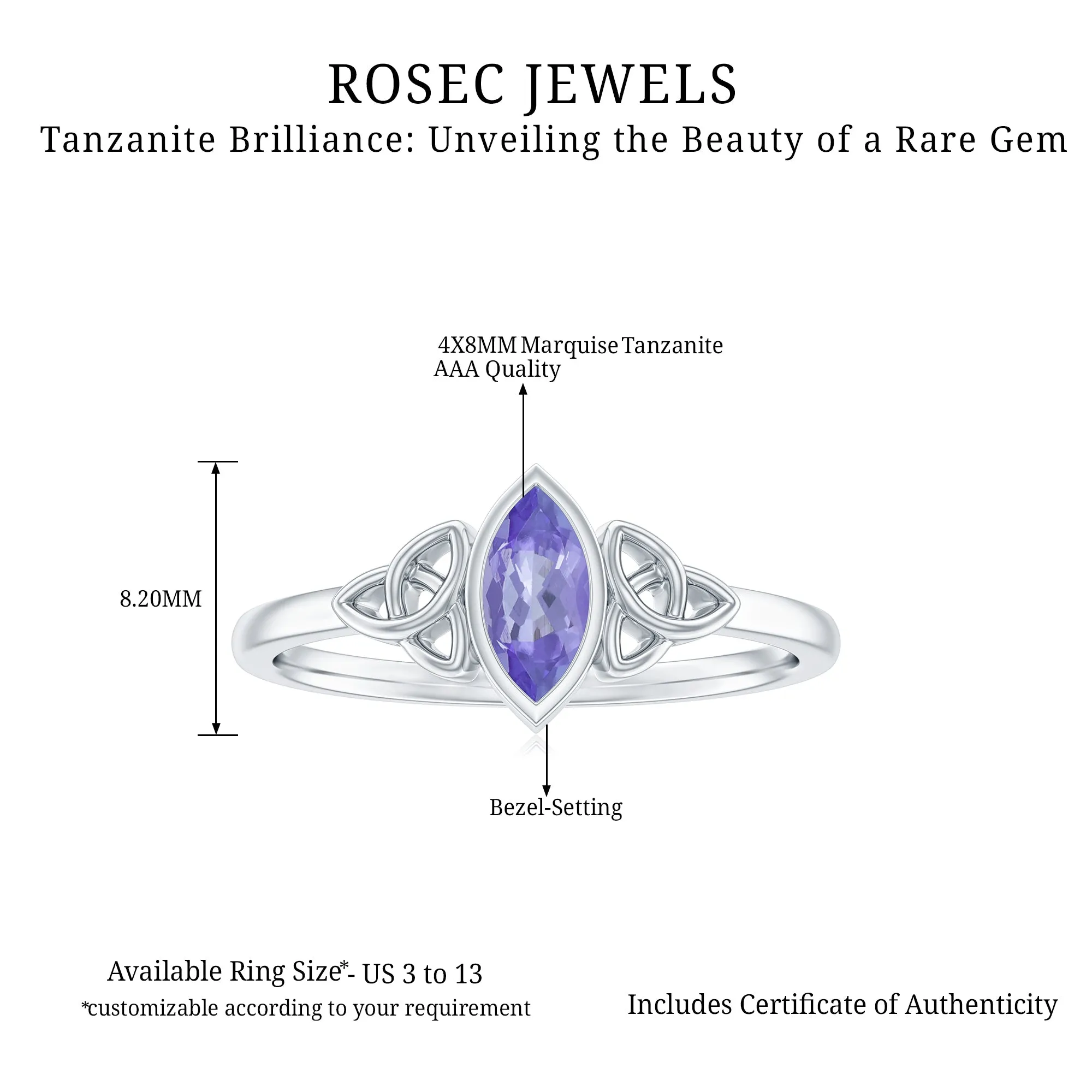 Bezel Set Marquise Cut Tanzanite Solitaire Celtic Knot Ring