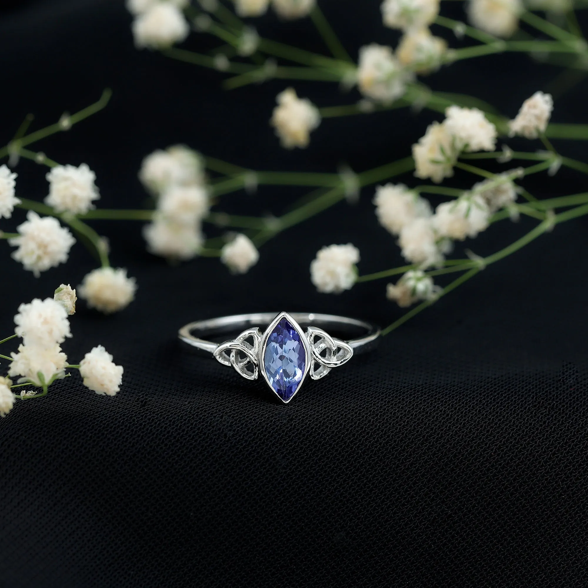 Bezel Set Marquise Cut Tanzanite Solitaire Celtic Knot Ring