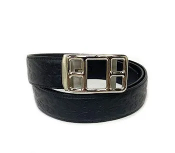 Black Etched Leather Belt with Silvertone Buckle