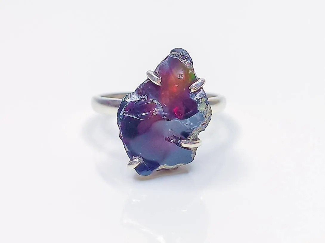 Black Fire Opal Uncut Rough Crystal Ring