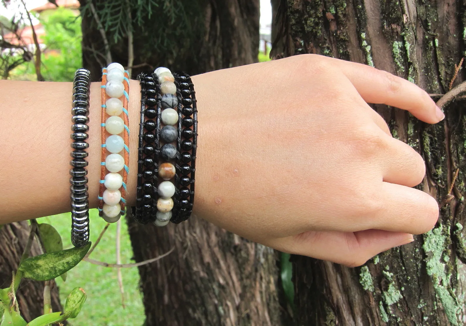 Black Onyx Jasper Cuff Leather Bracelet