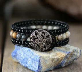 Black Onyx Jasper Cuff Leather Bracelet