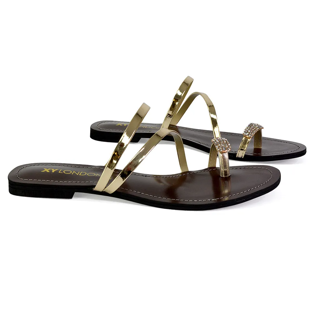 Bliss Embellished Toe Ring Strappy Slip On Flat Diamante Sandal Slides in Gold