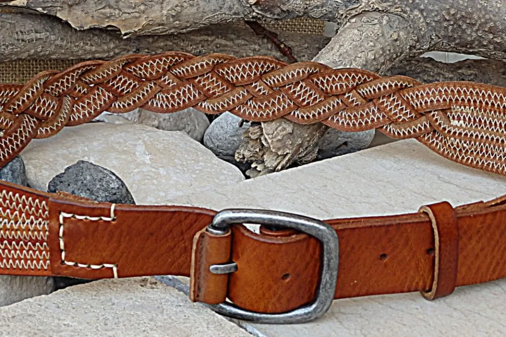 Blue leather belt.