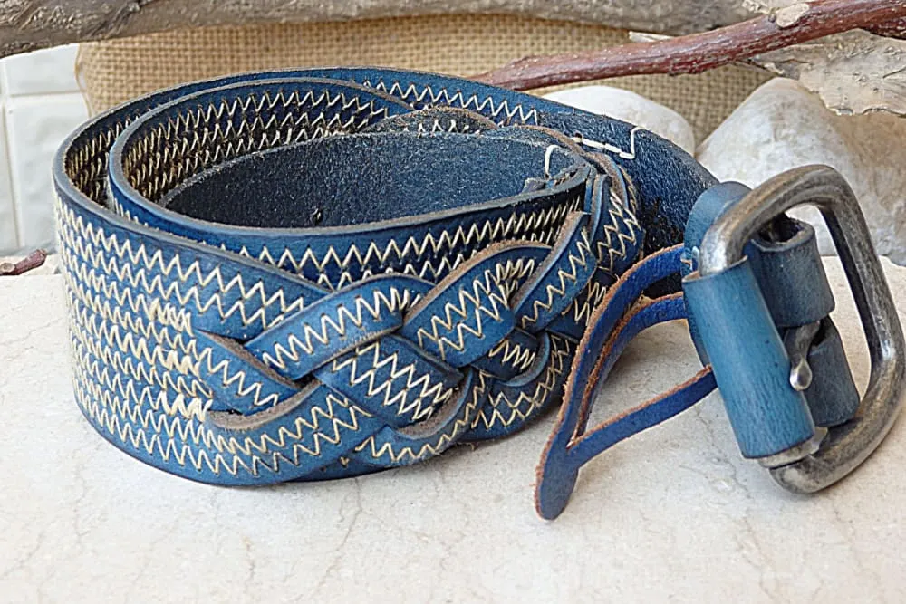 Blue leather belt.