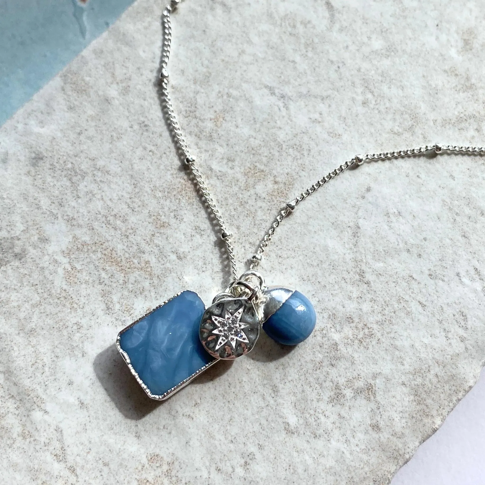 Blue Opal Gem Slice Triple Necklace - Purity (Silver)