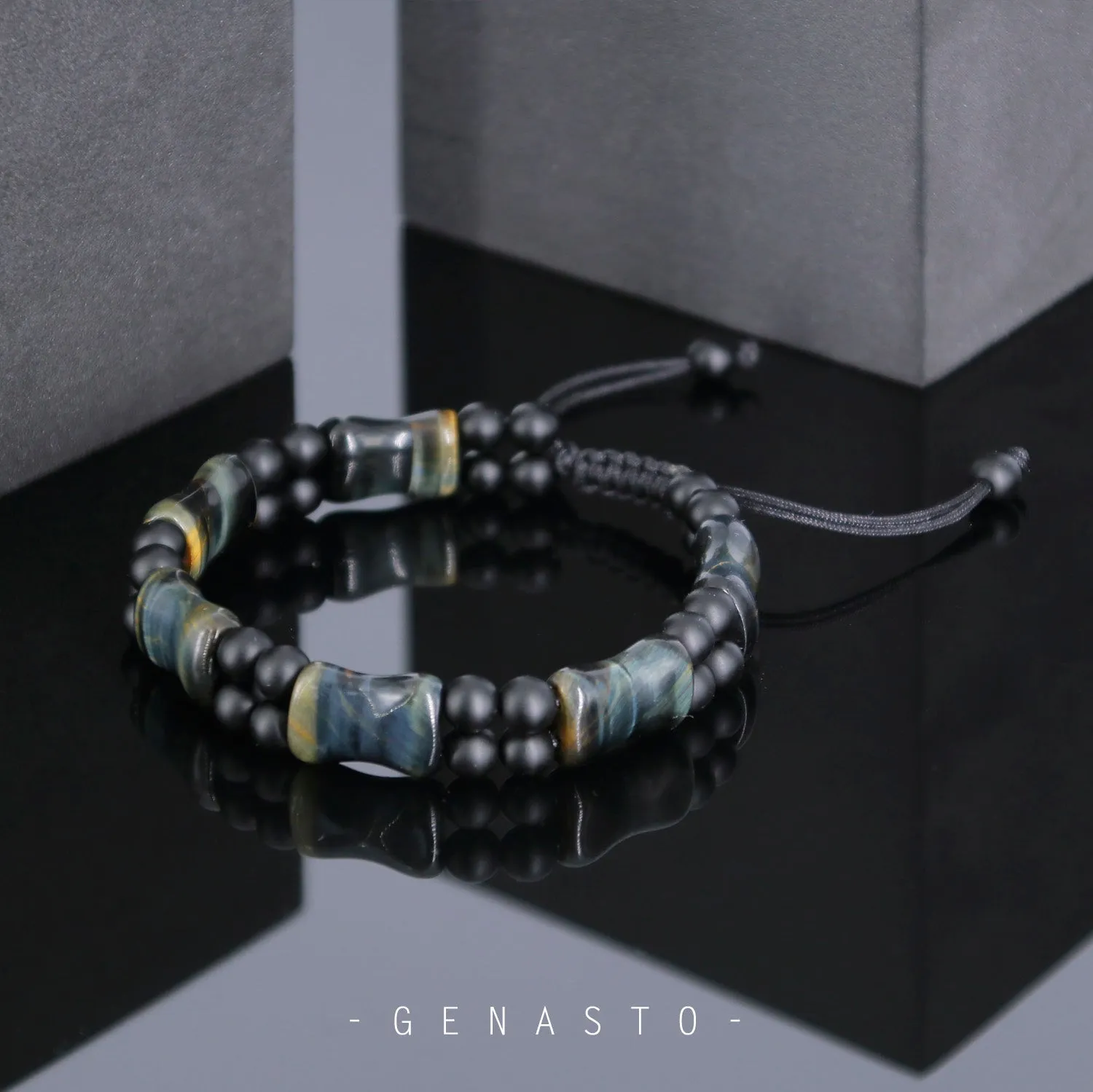 Blue Tiger Eye & Black Onyx, Square Flat Beads Bracelet